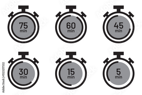 Timer watch icon set simple design. Stopwatch, timer icons set. Speed ​​measurements, countdown from 5, 10, 15, 20, 25, 30, 35, 40, 45, 50, 55 and 60 minutes. stopwatch isolated set .