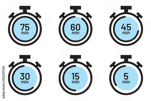 Timer watch icon set simple design. Stopwatch, timer icons set. Speed ​​measurements, countdown from 5, 10, 15, 20, 25, 30, 35, 40, 45, 50, 55 and 60 minutes. stopwatch isolated set .
