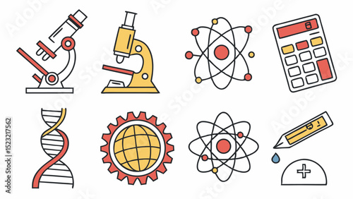 Detailed STEM Education Vector Icon Collection with Planet DNA Helix and Bright Palette  