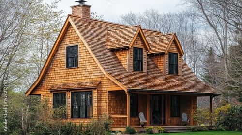 A charming house with cedar shake siding and roof surrounded by trees on a cloudy day in the countryside