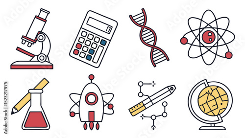 Detailed Vector Icon Set Representing STEM Concepts with DNA Helix and Coding Symbol  