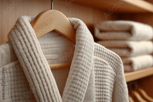 Terrycloth bathrobe hanging in a closet next to stacked clean white towels
