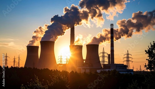 Sunset Over Industrial Power Plant, Pollution and Energy