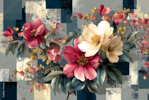 Floral Display Featuring Red and Cream Blossoms Against Geometric Abstract Backdrop