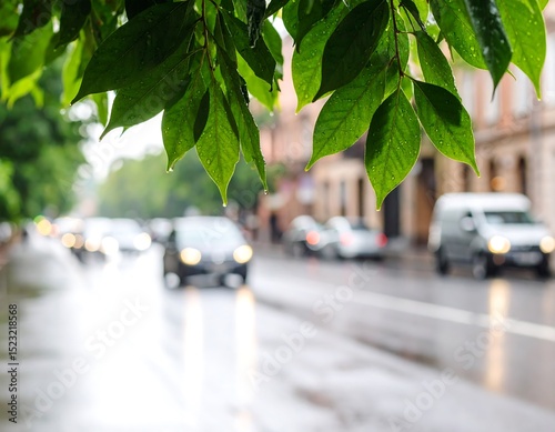 Rainy city street with leaves