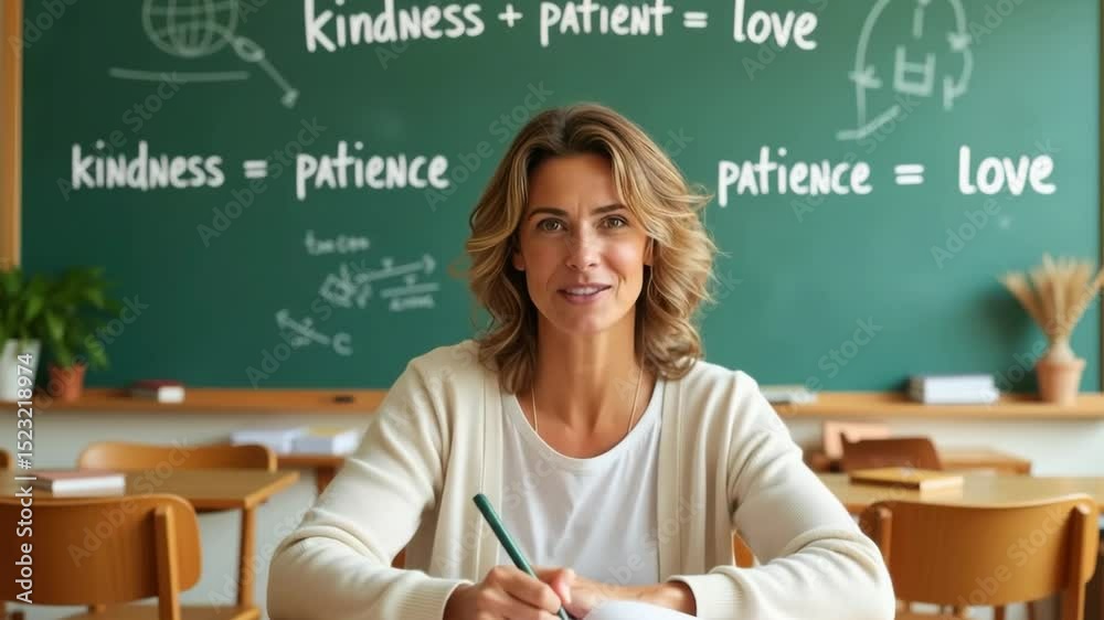 Smiling female teacher in classroom writing at desk with chalkboard behind, perfect for back to school, education, and teaching profession concepts. 4k, motion