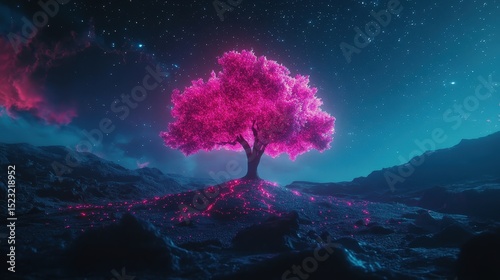 A vibrant pink tree stands alone in a surreal night landscape, glowing under a starry sky, symbolizing beauty and tranquility.
