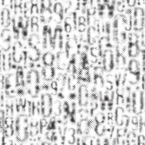 Hand drawn seamless pattern with a font consisting of dots. On the theme of matrix print, computer games, digital technology, pixels. A set of letters and numbers of an  alphabet. No AI is used