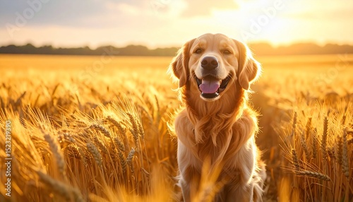 Golden Retriever in a Wheat Field at Sunset