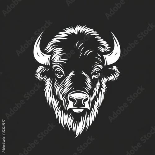 Buffalo head,  bold graphic,  black and white.  Detailed line art,  strong  silhouette