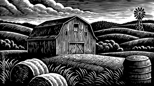 black and white sketch vector of a countryside barn, hay bales, and a windmill in a peaceful rural landscape