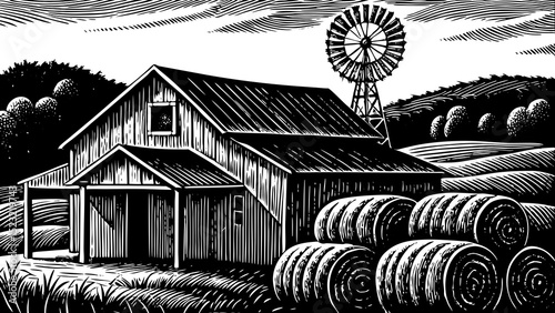black and white sketch vector of a countryside barn, hay bales, and a windmill in a peaceful rural landscape