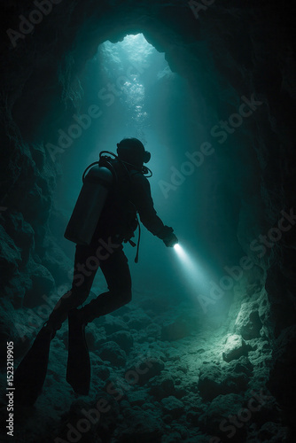 Diver exploring cave underwater.