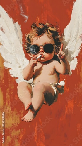 A cherubic figure with wings, sunglasses, and a cigarette.