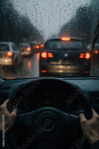 Person driving a car in the rain.