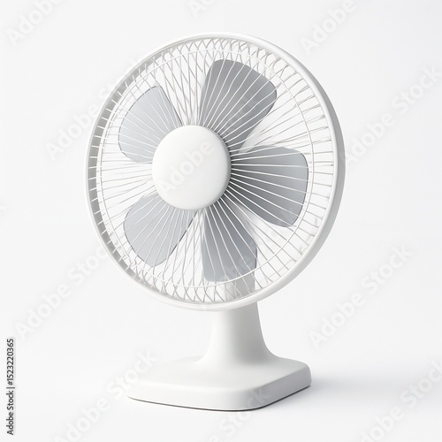 White electric table fan with mesh cover on white background