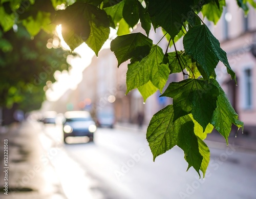 City street scene with sunlight through leaves