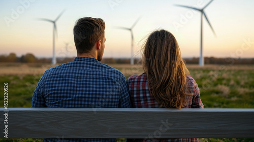 Young couple sitting on a bench, watching the serene sunset over a wind turbine farm, embracing a lifestyle centered around renewable energy and sustainable living in nature