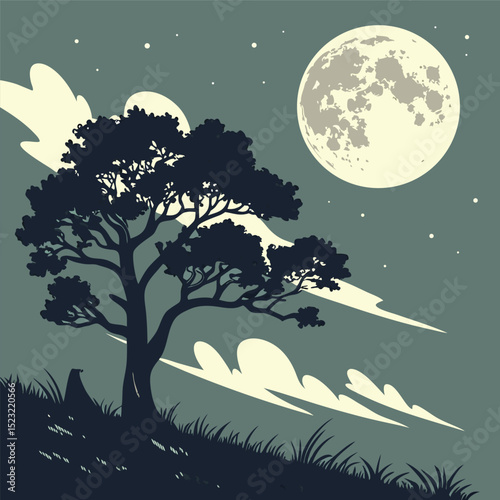 Night landscape tree silhouette under full moon starry sky