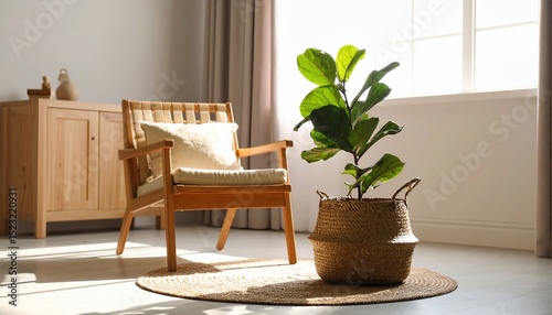 Sunlit Living Room with Wooden Chair and Fiddle Leaf Fig