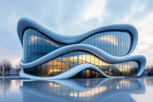 Modern Architectural Design. Urban Glass Structure with Futuristic Symmetry and Minimalistic Elegance at Sunset