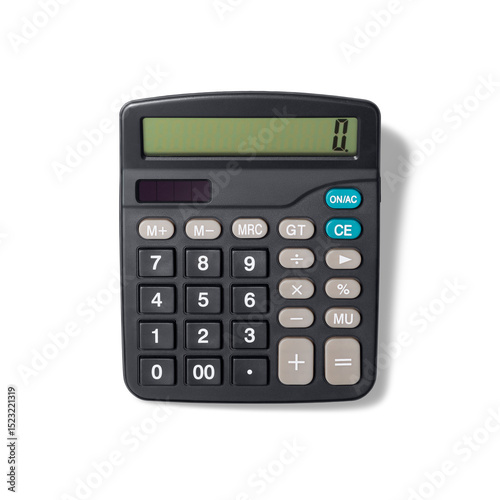 Black digital calculator isolated on a transparent background, PNG. High resolution.