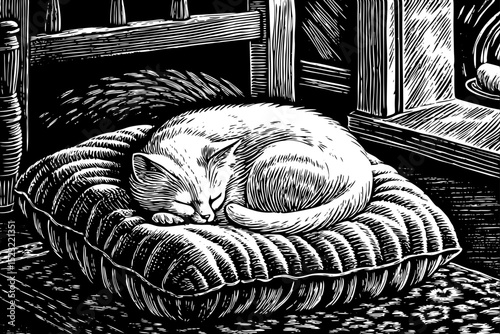 Black and white sketch vector of a sleeping cat curled up on a cushion in a cozy room