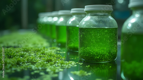 Algae tank benefits for aquariums. Green light effects on algae growth. Stainless steel lab setup for algae cultivation. Optimizing algae tanks for aquatic health. photo