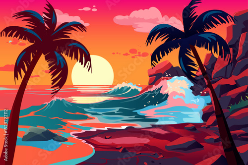 A vibrant tropical beach at sunset with palm trees silhouetted against a colorful sky. Waves crash on the shore, creating a serene atmosphere.