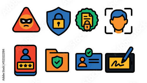 Flat vector icons of fraud detection and data security: fraud alert icon, shield with lock, encrypted contract badge, biometric scan icon, secure login screen, data breach prevention folder, identity