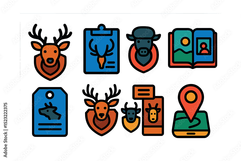 Fototapeta premium Flat vector icons of trophy hunting and record keeping: mounted deer head, antler measurement chart, taxidermy icon, hunting photo book, game tag form, wall of trophies, hunter journal, GPS tagged