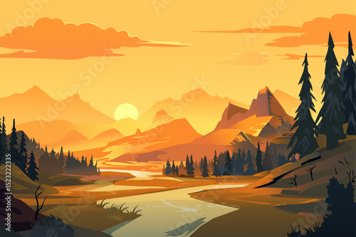 A beautiful sunset landscape with mountains, a river, and trees. The warm colors blend beautifully in this serene illustration. Perfect for nature lovers.