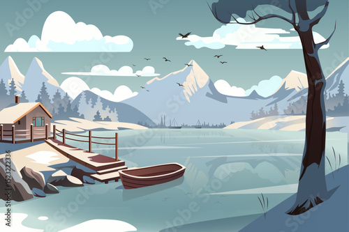 A tranquil illustration depicting a serene mountain lake with a wooden dock and a small boat, surrounded by snow-capped mountains, trees, and birds in the sky.