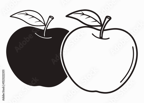 Minimalist black and white apple illustration, monochrome fruit art