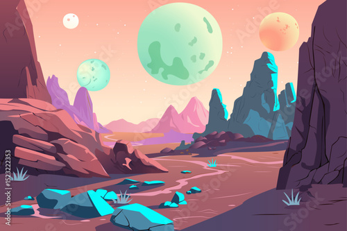 A vibrant sci-fi desert landscape features rocky hills and multiple moons, set against a pastel sky in a 2D illustration style.