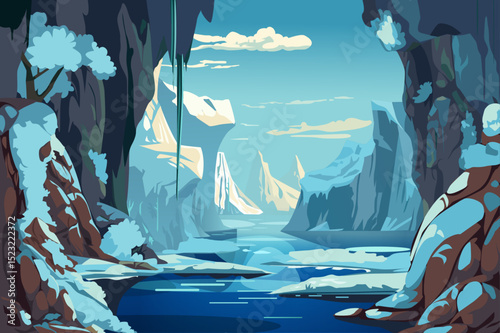 A serene winter landscape featuring rocky cliffs cloaked in snow, icy shores, and a calm blue waterway under a bright sky.