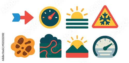 Flat vector icons of hunting weather and conditions: wind direction arrow, barometer icon, sunrise time chart, snowflake warning icon, mud condition symbol, cloudy terrain map, sunny valley symbol,
