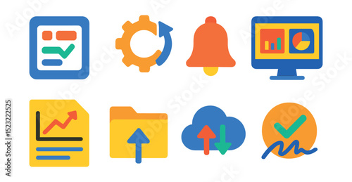 Flat vector icons of digital workflow tools: project management app icon, workflow automation gear, task notification bell, dashboard screen, analytics report chart, file sharing folder, cloud sync