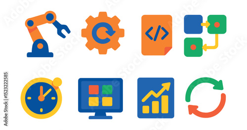 Flat vector icons of automation in workflow: robot arm icon, automation process gear, workflow script symbol, trigger-action icon, scheduled task badge, no-code platform screen, process efficiency