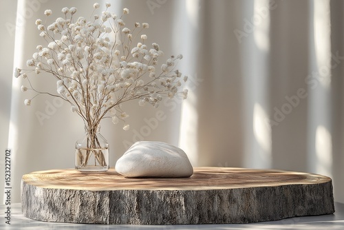 Modern Minimalist Interior Design. Rustic Wood Table and Floral Arrangement for a Serene Living Space