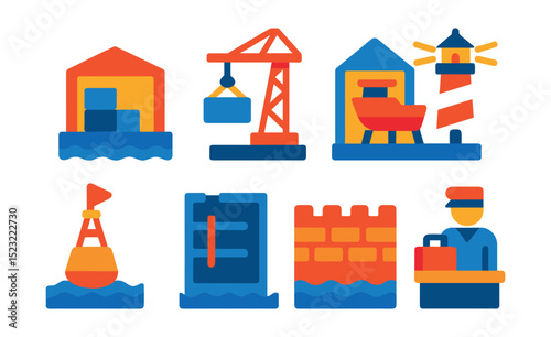Flat vector icons of maritime infrastructure: port terminal icon, cargo dock crane, shipyard facility, lighthouse tower, buoy marker, marina slips, coastal defense wall, customs inspection area.