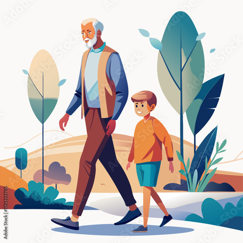 Elderly man walking with grandson through autumn park, sharing stories under golden leaves - heartwarming family bonding moment.