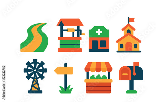 Flat vector icons of rural infrastructure: country road icon, water well structure, rural clinic building, small schoolhouse, windmill for irrigation, gravel path sign, local farm stand, rural