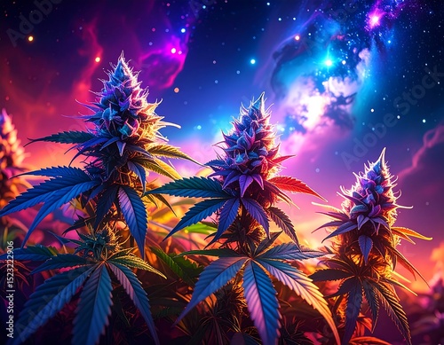 Colorful cannabis plants in a vibrant galaxy