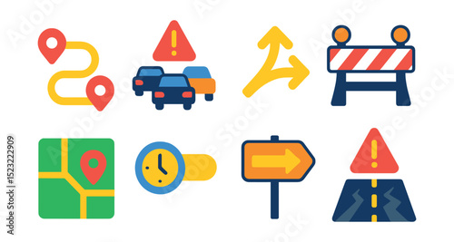 Flat vector icons of logistics route and traffic: delivery route arrows, traffic jam alert icon, alternate route sign, roadblock barrier symbol, logistics waypoint map, estimated travel time badge,