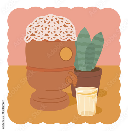 Brazilian kitchen trio vector. Flat lay vintage clay filter, glass cup and snake plant illustration.