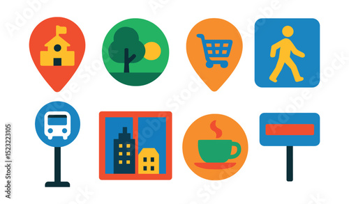 Flat vector icons of neighborhood and location features: school district marker, nearby park icon, grocery store pin, walkability score symbol, public transport stop, city view window, local cafe
