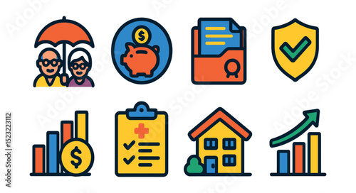 Flat vector icons of retirement and pension insurance: elderly couple with umbrella icon, retirement savings badge, pension contract folder, financial security symbol, monthly pension payment chart,