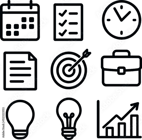 business and productivity icon set. line symbols for planning, clock, calendar, briefcase, checklist, lightbulb, target and growth chart.