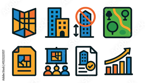 Flat vector icons of urban planning and zoning: city zoning map, mixed-use development icon, height restriction symbol, green space plan, rezoning proposal file, neighborhood planning board, building